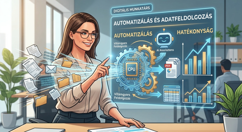 Digitális munkatárs és emberi kolléga együttműködése egy modern irodában, mesterséges intelligenciával támogatott feladatkezelés.