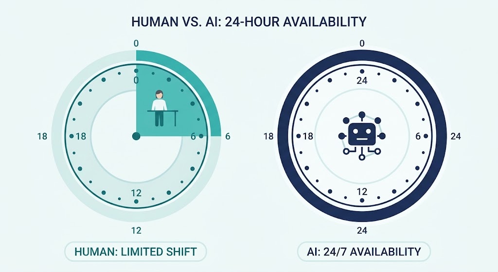 Az AI asszisztens a nap 24 órájában elérhető, egy alkalmazott csak napi 8 órában